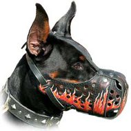 Fire Flames Painted Leather Dog Muzzle For Attack Agitation Training