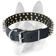 Leather dog collar with symmetrical spikes