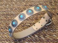Tan Leather Dog Collar with Silver Plated Circles Blue Stones Tan Leather Dog Collar with Silver Plated Circles Blue Stones