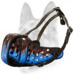 Beautiful Blue Flames Painted Leather Dog Muzzle for Schutzhund Dog Breeds