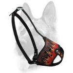 Leather Dog Muzzle with Fire Flames Painting for Obedience Training