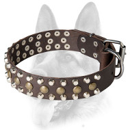 Reliable Dog Leather Collar with 3 Rows of Decorations