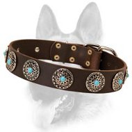 Classy Leather Dog Collar with Silver Plated Circles and Blue Stones