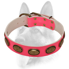 Pink leather dog collar with ovals
