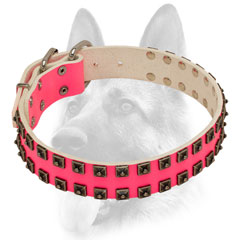 Leather pink dog collar with nickel pyramids
