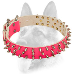 Leather pink dog collar triple spiked