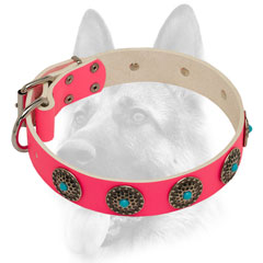 Decorated pink leather dog collar for Schutzhund training