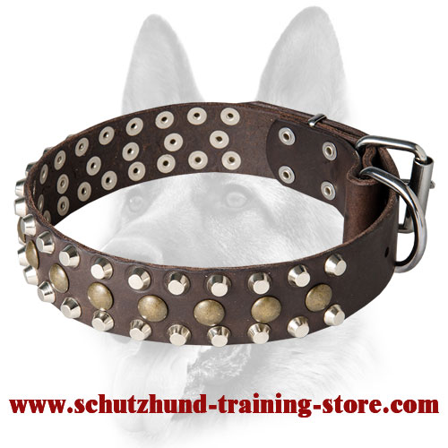 Reliable Dog Leather Collar with 3 Rows of Decorations