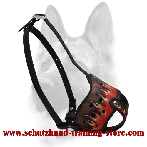 Leather Dog Muzzle with Fire Flames Painting for Obedience Training