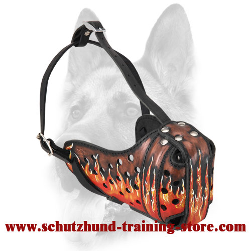 Fire Flames Painted Leather Dog Muzzle for Attack/Agitation Training