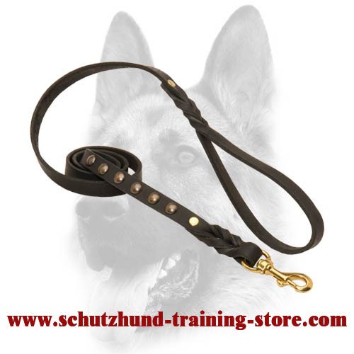 Studded leather dog leash for tracking and walking - k9 dog lead