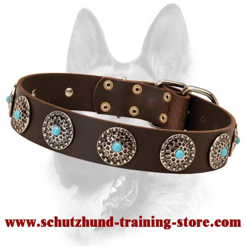 Classy Leather Dog Collar with Silver Plated Circles and Blue Stones