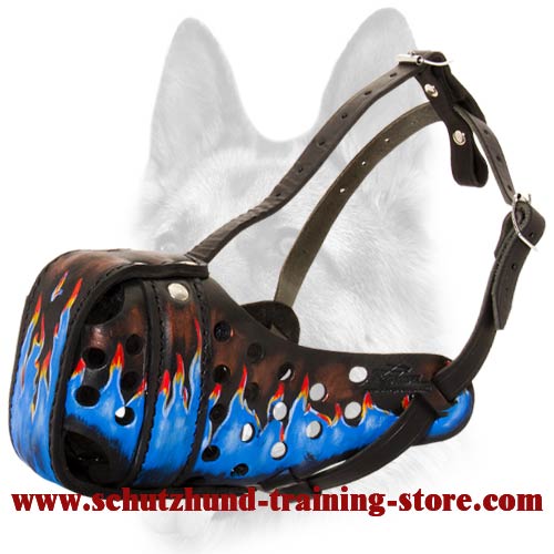 Beautiful Blue Flames Painted Leather Dog Muzzle for Schutzhund Dog Breeds